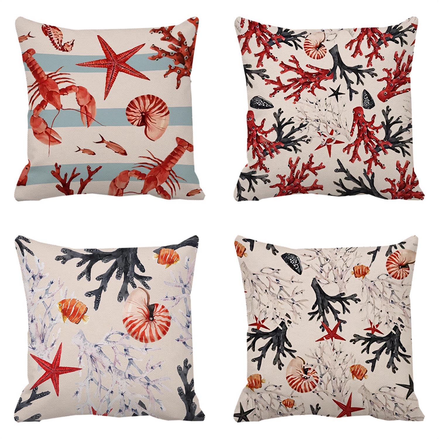 Housse coussin 50x50cm rouge lot de 4 en lin imperméable motif coquilles corail pour canapé
