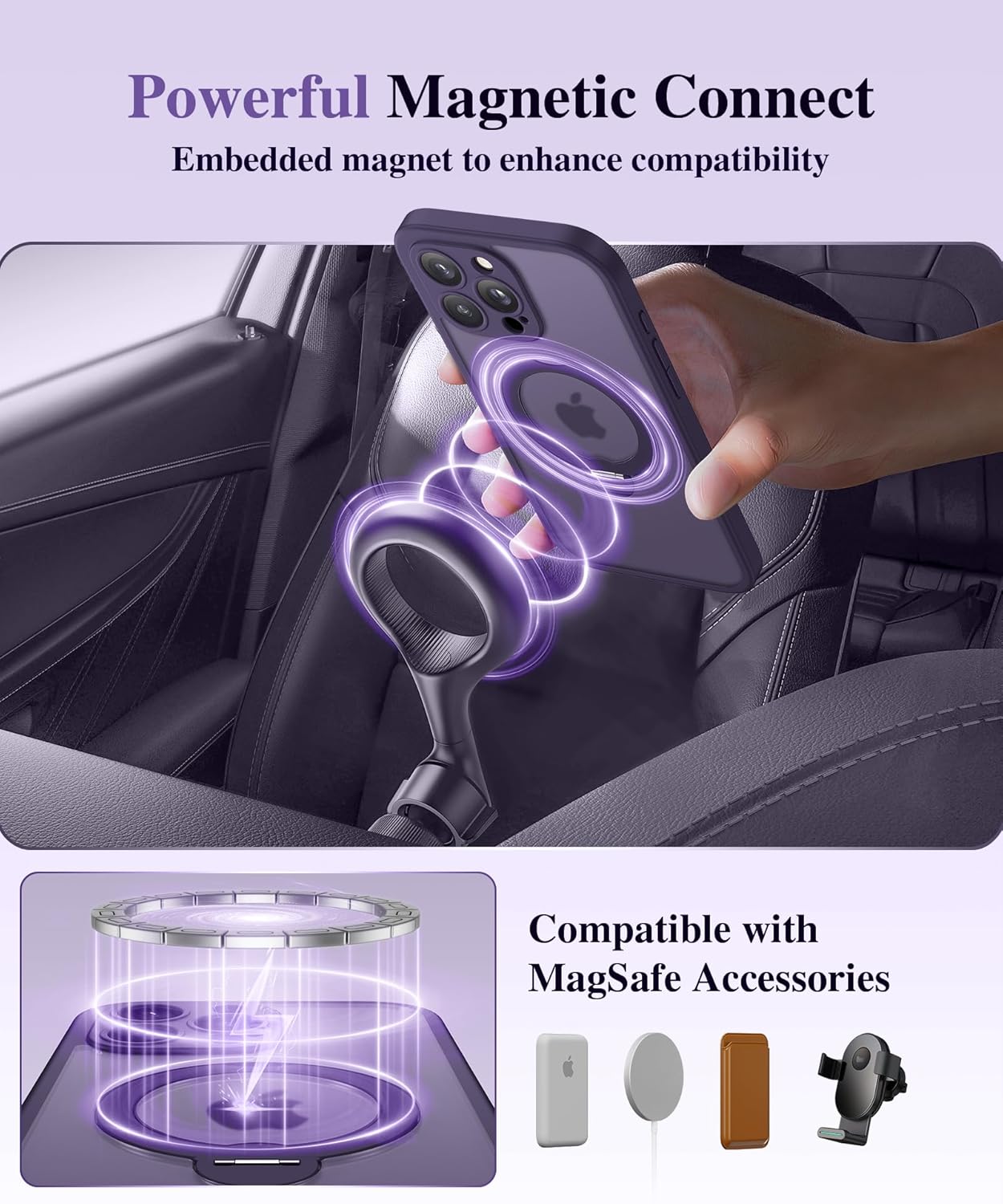 BERFY for iPhone 16 Pro Max Case, Compatible with MagSafe, Built-in 9H Tempered Glass Screen Protector and 360 Spin Magnetic Stand, Full Body Shockproof Matte Phone Case for 16 Pro Max 6.9", Purple - Image 4