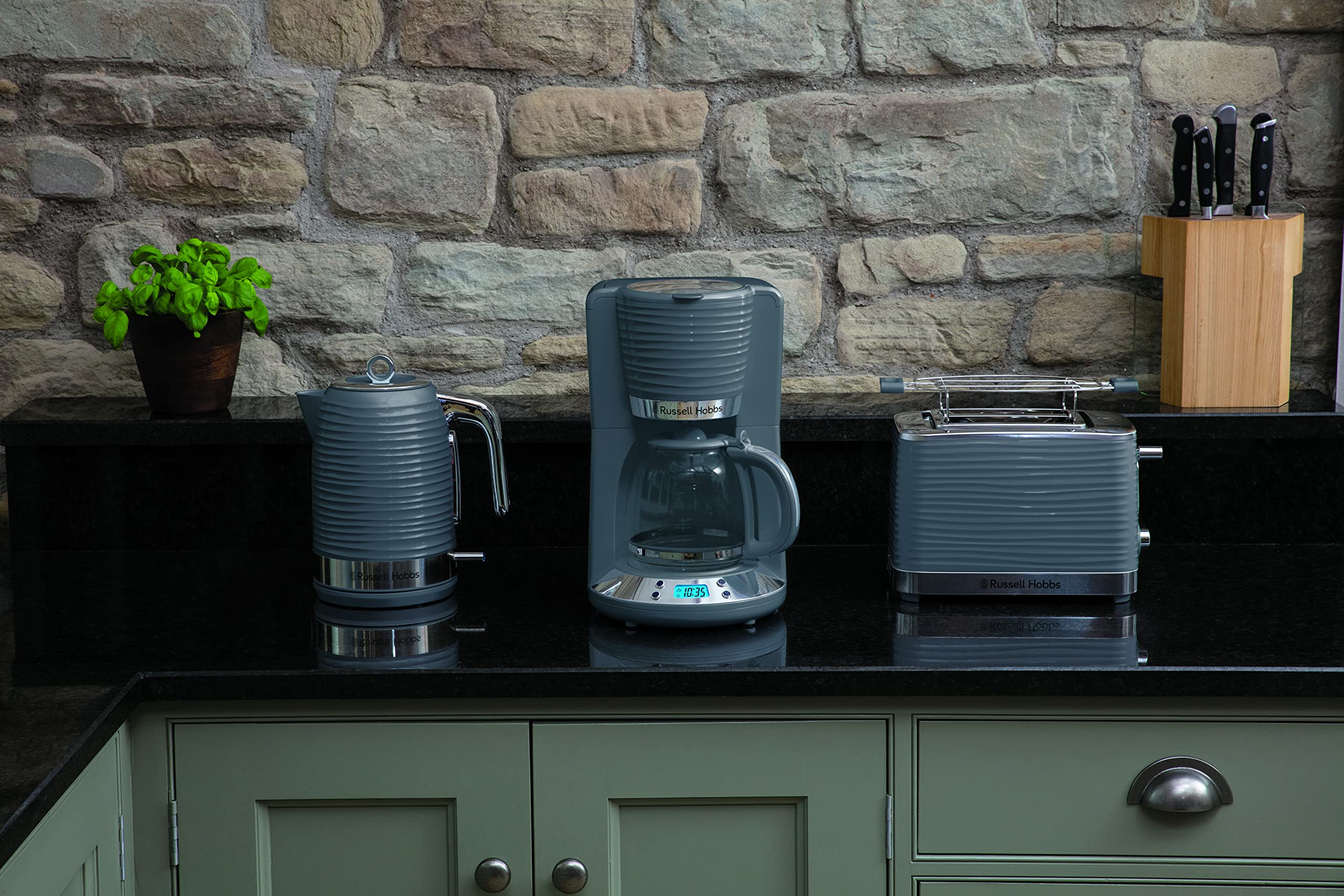 Russell Hobbs Tostadora Inspire 2 Ranuras, Plástico Texturizado, Gris 24373-56 + Hervidor de Agua Eléctrico Inspire 24363-70 + Cafetera de Goteo Inspire 24393-56