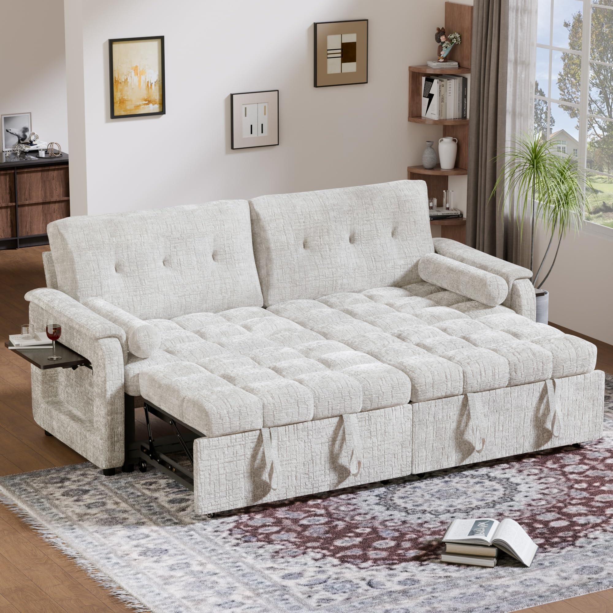 Trygoal 86'' Sleeper Sofa Bed with Side Table & Adjustable Backrest, Beige | Convertible Sleeper Sofa Bed, 86 Inch Pull out Couch with Side Table & Adjustable Backrest, Chenille Fabric