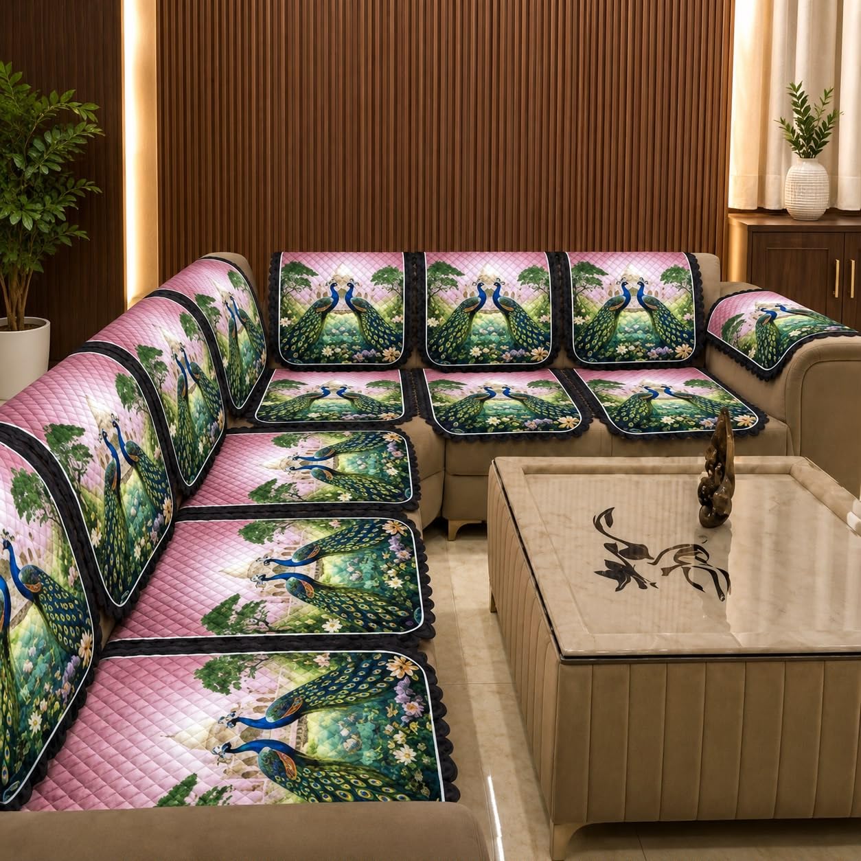 7 Seater L Shape Sofa Cover Set 14 Pieces | Peacock Print Quilted Sofa Cover | Anti-Slip Washable Sofa Protector | Furniture Cover for Corner Sectional Sofa | Pink-image-10