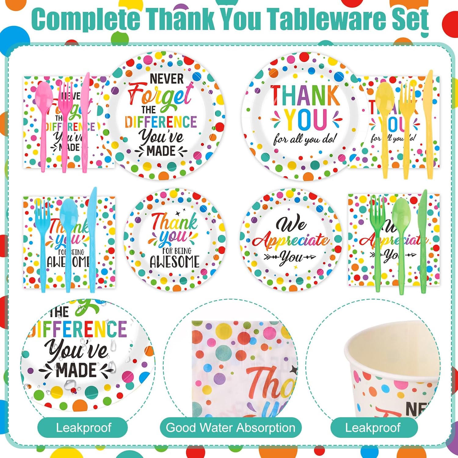 450 Pcs Teacher Appreciation Thank You Tableware Set Decorations We Appreciate You Polka Dot Paper Plates Napkins Cups Cutlery Straws for Employee Teacher Doctor Party Supplies, Serves 50
