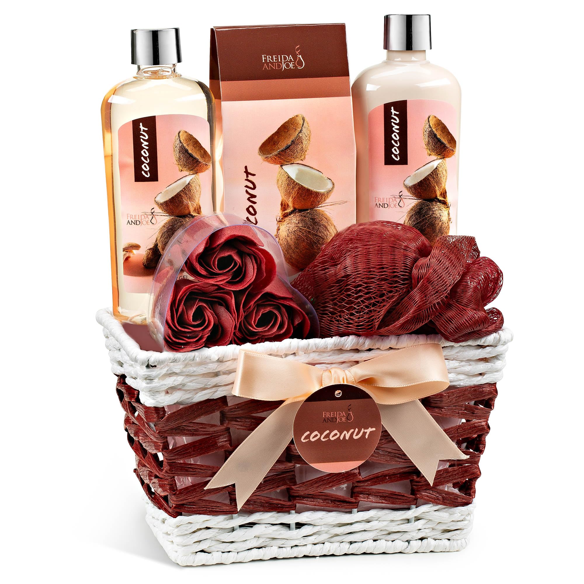 Set regalo da bagno da donna, cesto regalo in cocco spa, set da 6 pezzi con gel doccia, lozione per il corpo, sali da bagno, fiori di sapone, spugna da bagno in un cesto di vimini, regalo perfetto per