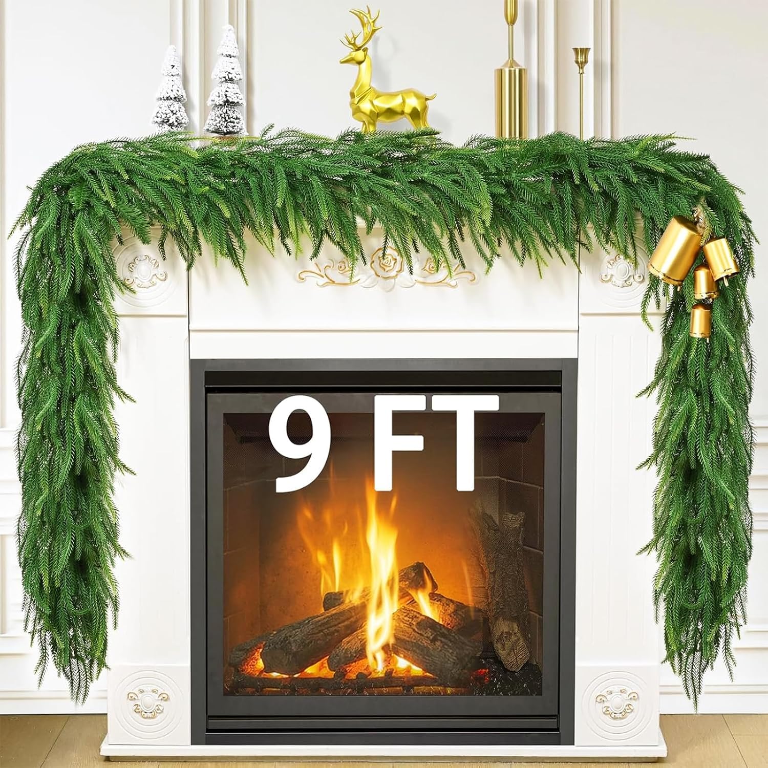9 FT Christmas Garland Real Touch Norfolk Pine Garland Realistic, Christmas Faux Cedar Garland with Lights for Mantle Table Front Door Indoor Outdoor Holiday Christmas Decor