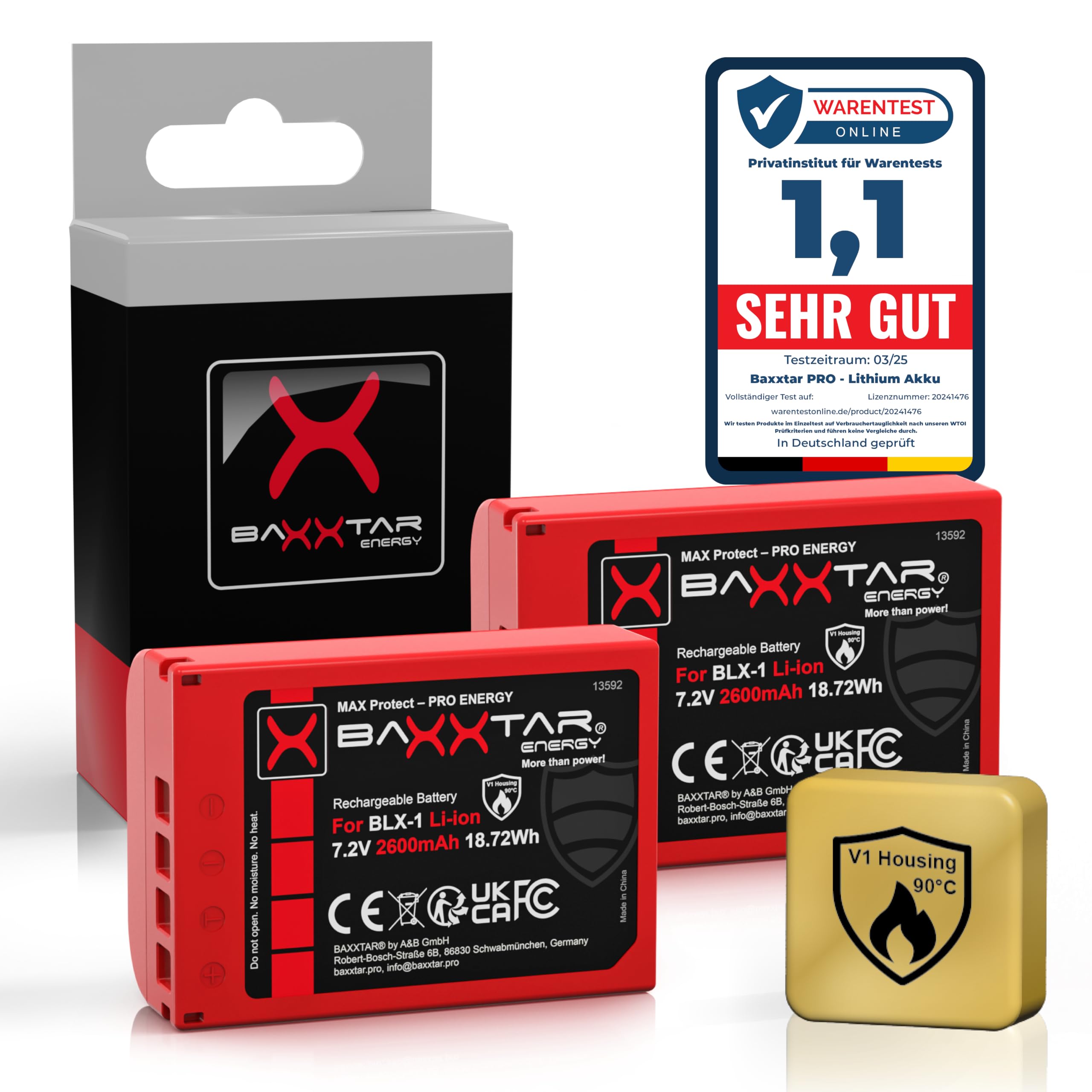 Baxxtar MaxProtect 2X Akku Ersatz für Olympus BLX-1 BLX1 OM1 OM3, 2600mAh