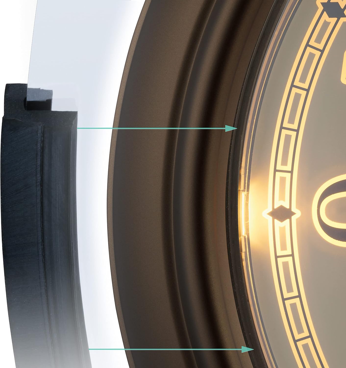 Close-up of the weather-sealed casing and UV-resistant glass lens of the La Crosse Technology clock