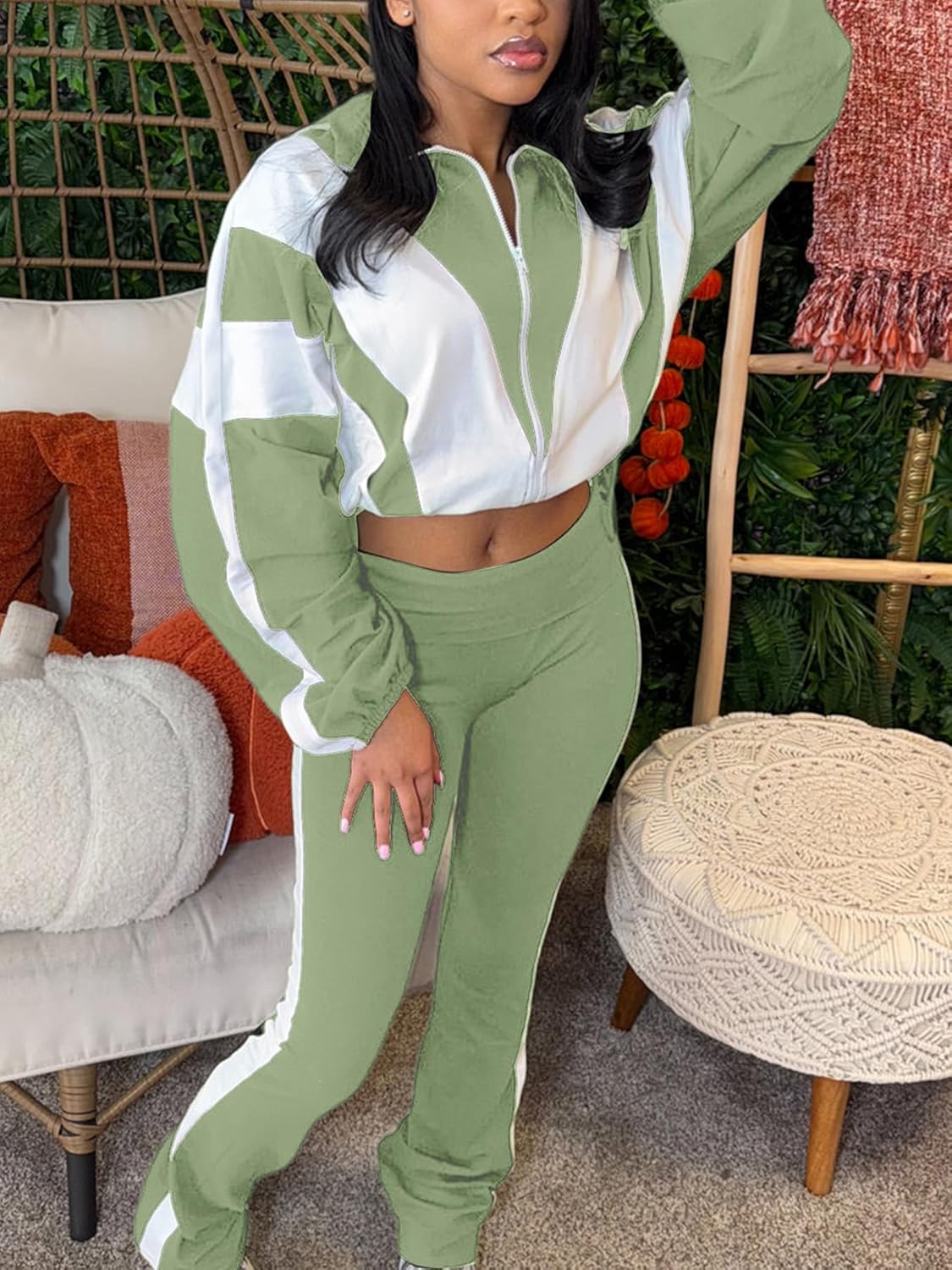 Women 2 Piece Outfit Long Sleeve Zip Up Crop Jacket High Waist Stretchy Pants - Image 5