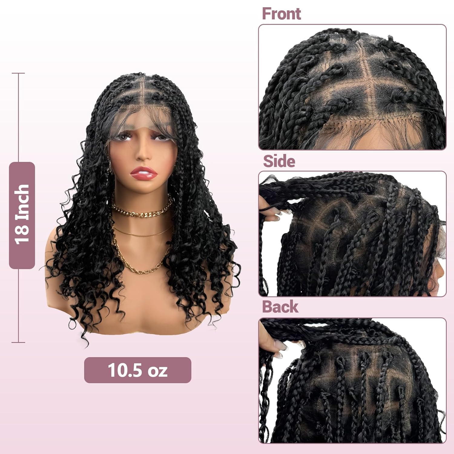 18" Boho Large Knotless Box Braided Wigs Full Double Lace Short Braid Wig for Black Women Lace Frontal Human Hair Blended Braided Wig Lace Front Braids Wigs with Baby Hair (Black)