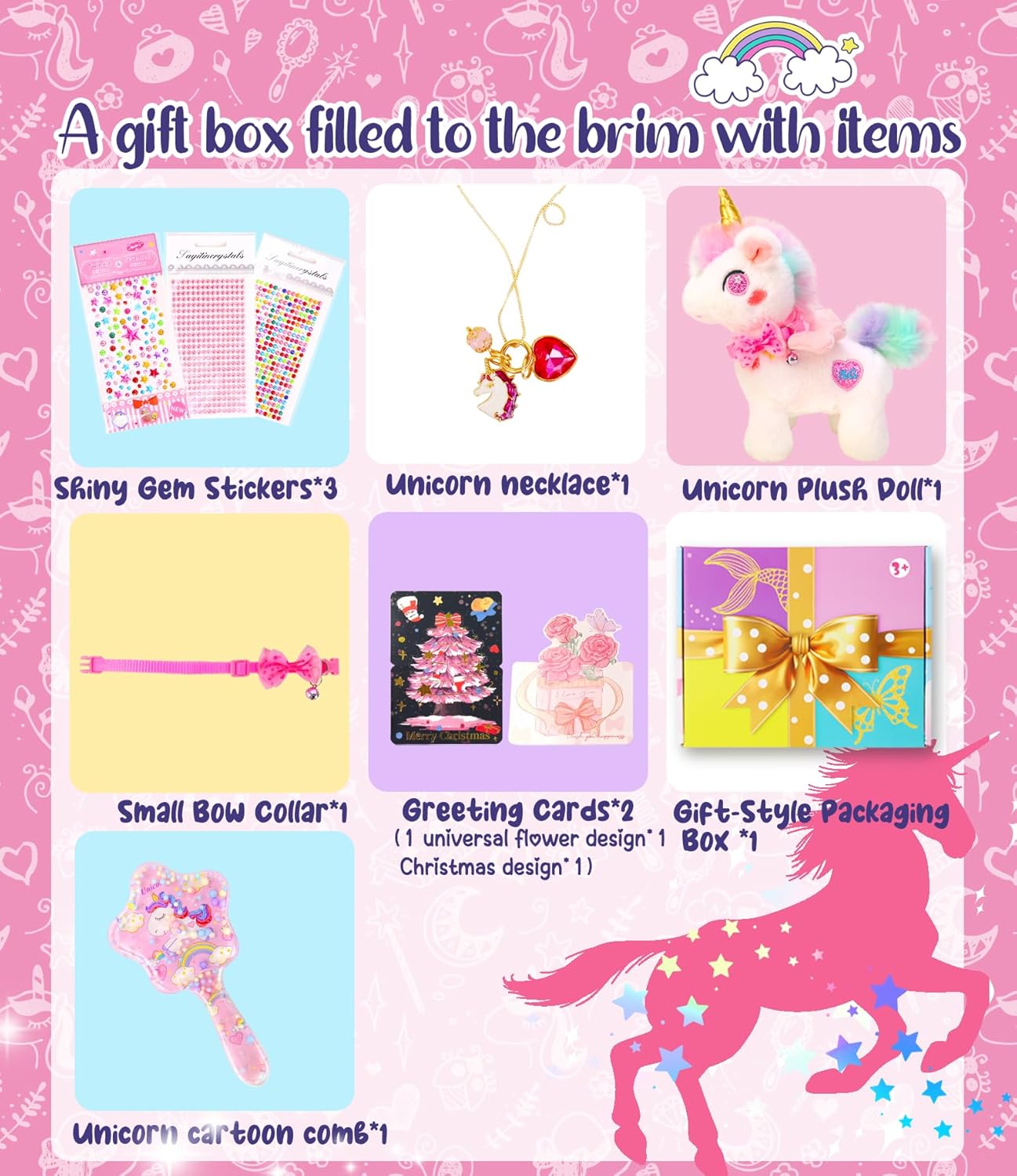 Unicorn Gift Set for Little Girls Age3-5 6-8,Dress Up Birthday Toys Gifts Set with Plush Toy,Necklace,Comb,DIY Stickers.for Christmas,Easter Gifts (Cute)