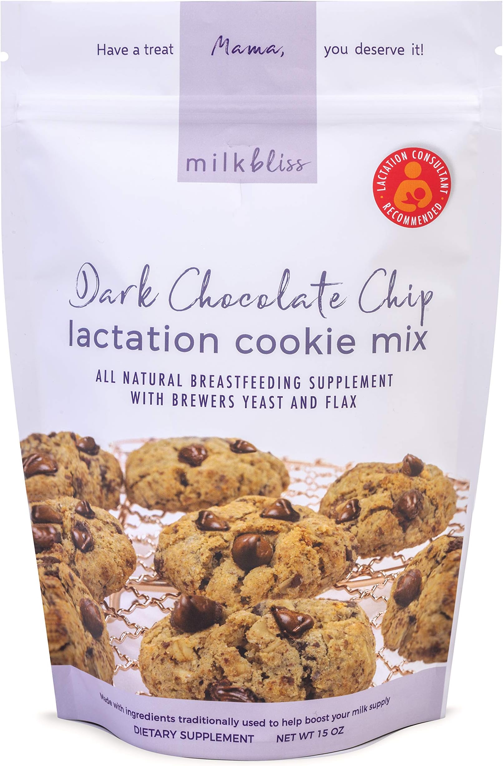 MilkBliss Dark Chocolate Chip Lactation Cookie Mix- Oatmeal Breastfeeding Cookie Supplement Support for Milk Supply Increase 15 oz
