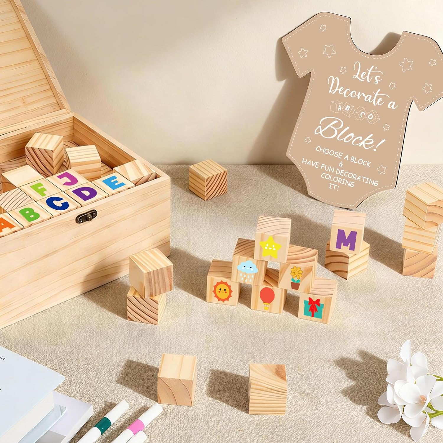 QOUBAI 86PCS Shower Game Sign Kit Shower Blocks to Decorate 60 DIY Blank Wooden Block 24 Watercolor Markers with Wooden Crate for Games Gender Reveals Party Supplies(Onesie)