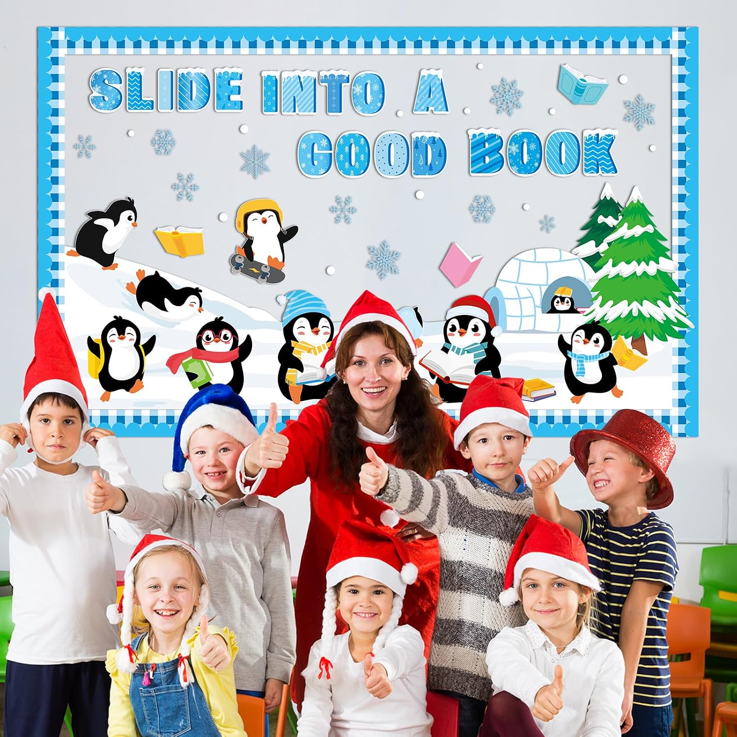 Winter Penguin Reading Bulletin Board Set Winter Christmas Library Classroom Decorations Books Snowflake Paper Cutout Blue Bulletin Board Border for Xmas Holiday School Wall Decor Teacher Supplies