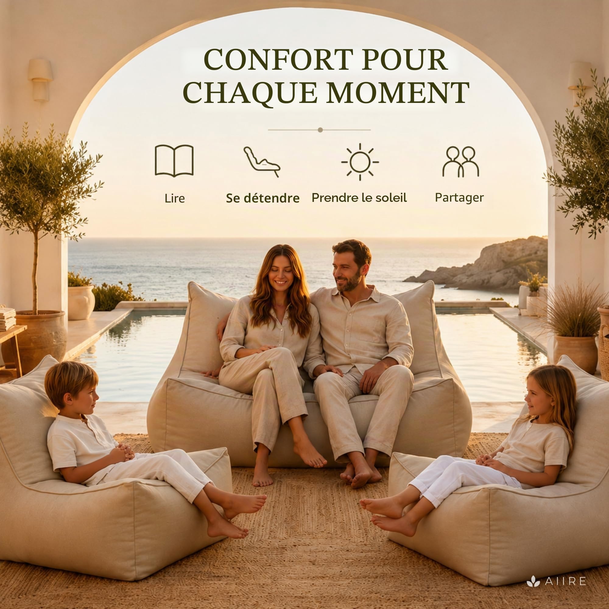 Aiire Pouf Exterieur Géant Moderne - Fauteuil Pouffe Salon XXL avec Remplissage pour Décoration Chambre et Jardin - Bean Bag Chair Adulte ou Ado - Coussin de Sol Beige