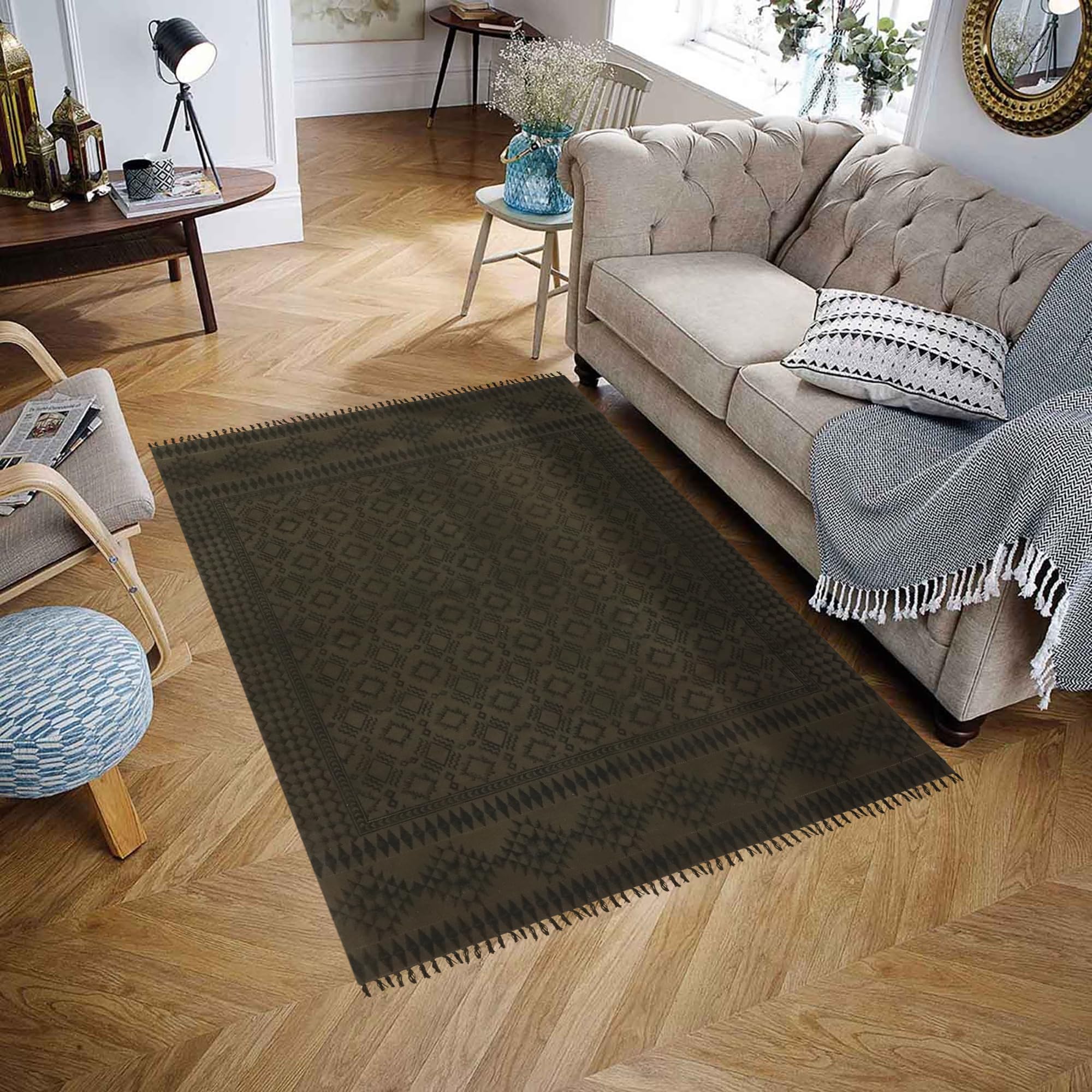 Dhurrie Kelim-Teppich, handbedruckt, Baumwolle, 3 m, quadratisch, geometrisches Design, Handwäsche, 0,5 cm dick, handgefertigt, Boho, für drinnen und draußen, Flachgewebe, für Flur, Esszimmer