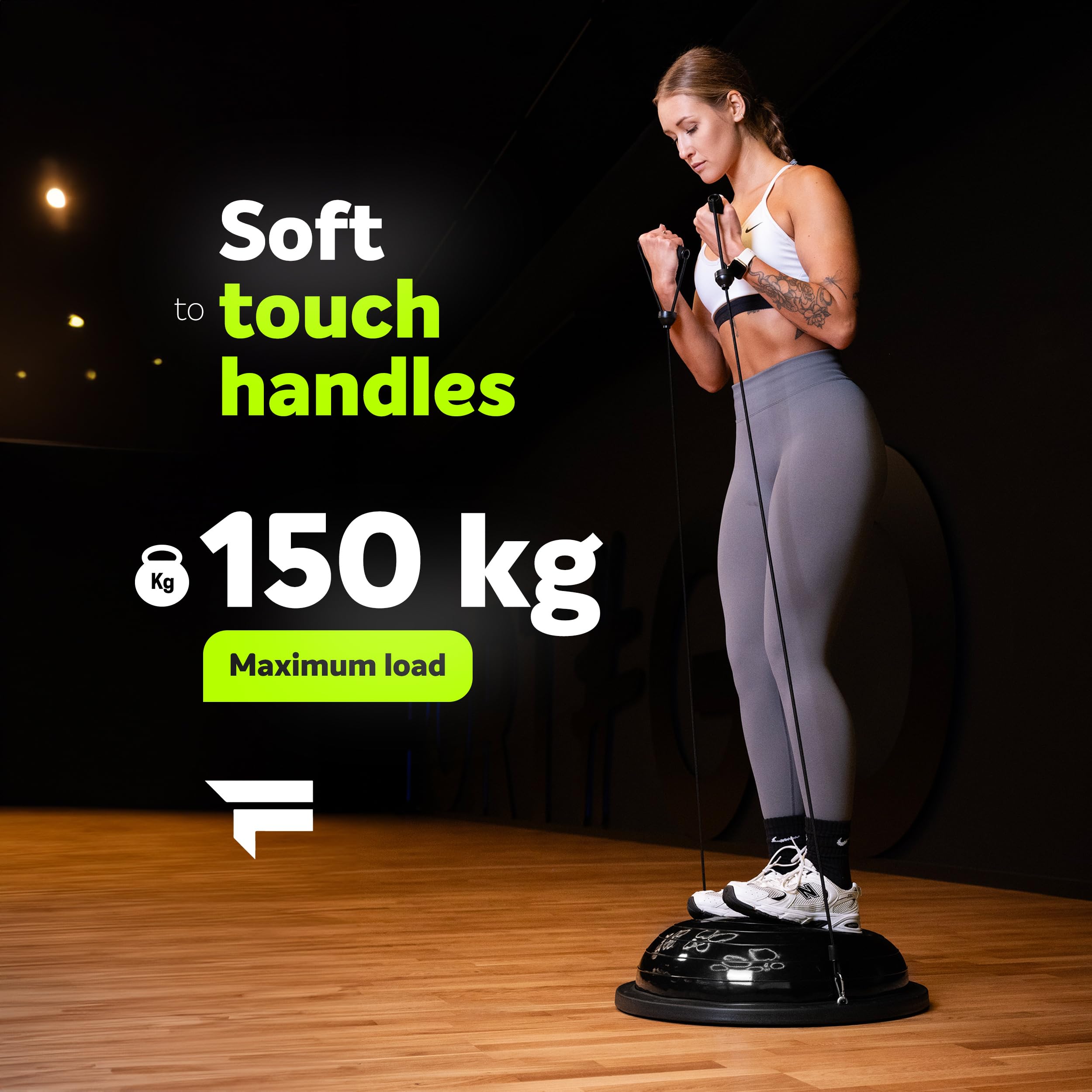 FIZYO Balance Trainer Demi-Boule Ø 58 cm, Ballon d'Équilibre Antidérapant avec Bandes de Résistance & Pompe pour Entraînement Core, Yoga, Pilates, Fitness, Physiothérapie & Rééducation, Noir