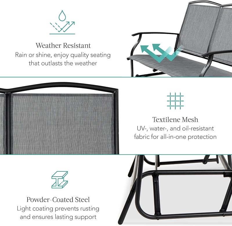 Best Choice Products 2-Person Outdoor Patio Swing Glider Steel Bench Loveseat Rocker for Deck, Porch w/Textilene Fabric, Steel Frame - Gray image 5