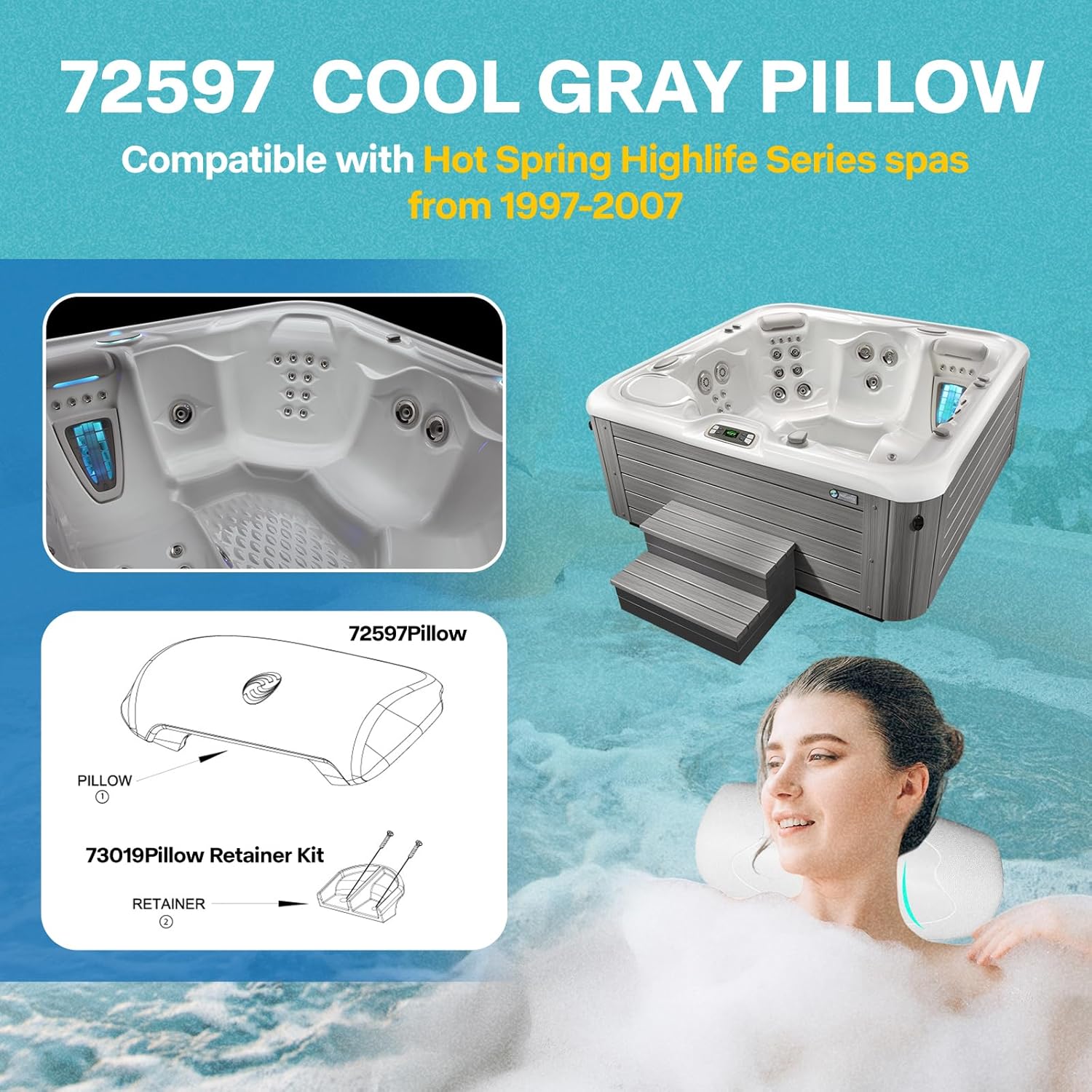 2-Pack 72597 72596 Spa Neck Pillow for Hot Spring Highlife Series Spas from 1997-2007, 13.2”L x 5.5”L, Cool Gray Hot Tub Spa Head Rest Pillows for Watkins Five Years Free Replacement