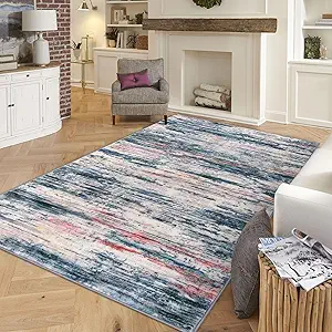 Teal Blue Peach Gray Multi 5x7 Modern Abstract Area Rug for Bedroom, Large Super Soft Washable Rug with Non-Slip, Non-Shedding Throw Rugs for Living Room, Indoor Door Mat For Office Home Décor