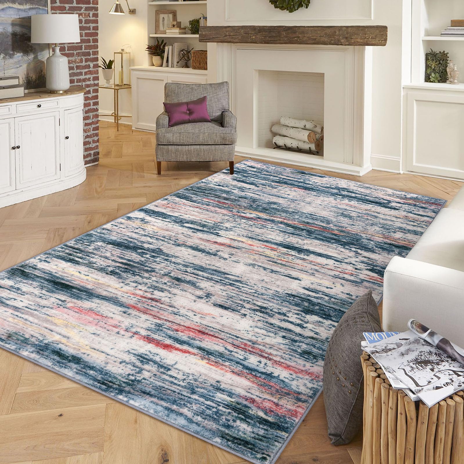 SIILOOM 5x7 Modern Area Rug for Bedroom, Teal Blue Peach Gray Multi Large Teal Blue Peach Gray Multi Super Soft Rug with Non-Slip, Non-Shedding Rugs