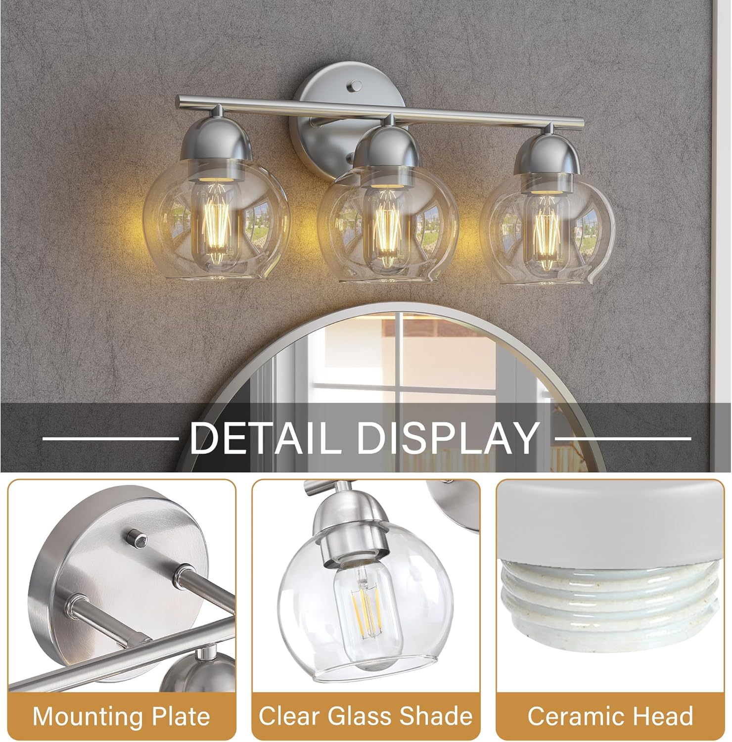 Pia Ricco Bathroom Vanity Light Fixtures, 3-Light Brushed Nickel Vanity Lighting Fixtures with Globe Glass Shade Metal Base, Modern Bathroom Lights Over Mirror, Vanity Lights for Living Room, Kitchen