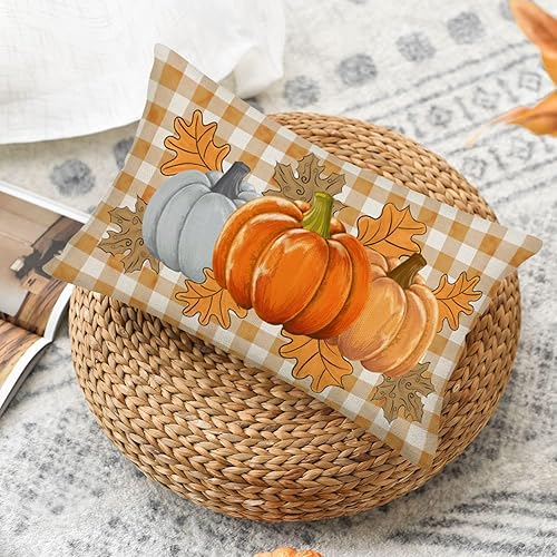 Miniatura 4 de Fukeen Funda de almohada de 12 x 20 pulgadas con diseño de calabaza y hojas de arce de búfalo naranja, decoración de otoño, fundas de almohada