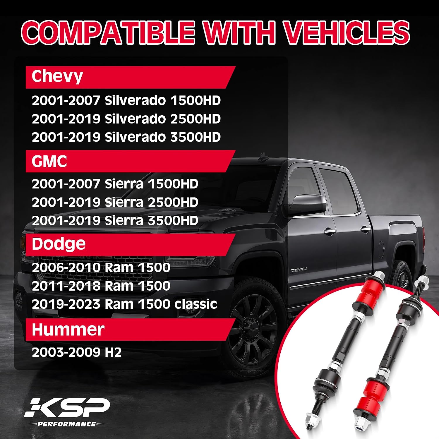 KSP 2-4" Extended Sway Bar Link for Ram 1500 2006-2018, Front Adjustable Stabilizer Bar End Link fit Chevy Silverado GMC Sierra 1500 2500 3500HD 1999-2019,Upgrade Bushing and Sleeve,Durable Improved