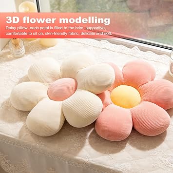 Flower Pillow, Daisy Cushion, 4PCS Flower Cushion, Flower Shaped Throw Pillow Decorative for Car Home Sofa Chair and Floor (Pink, White)