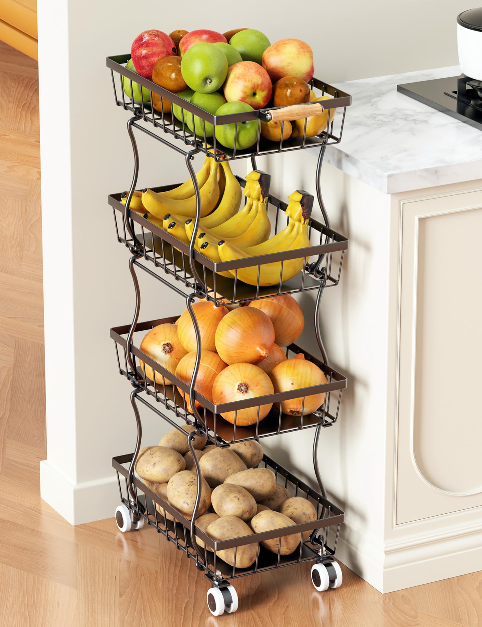 Fruit Basket, 4-Tier Small Kitchen Organizer and Storage Cart on Wheels, Rolling Pantry Snack Cart with Handle for Storing Fruit, Potato, Onion, Snacks, Vegetables, Bread, Produce