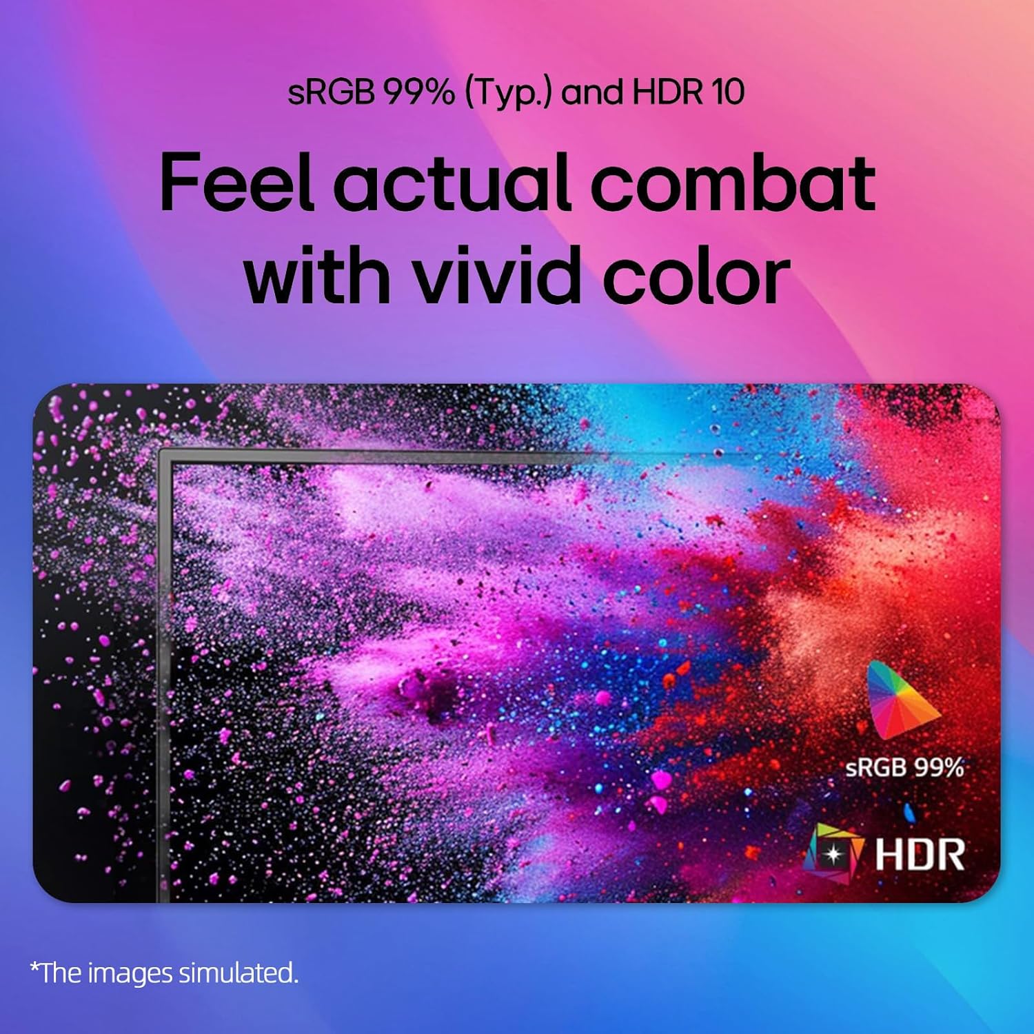 Monitor displaying vibrant colors with sRGB 99% and HDR10 enabled