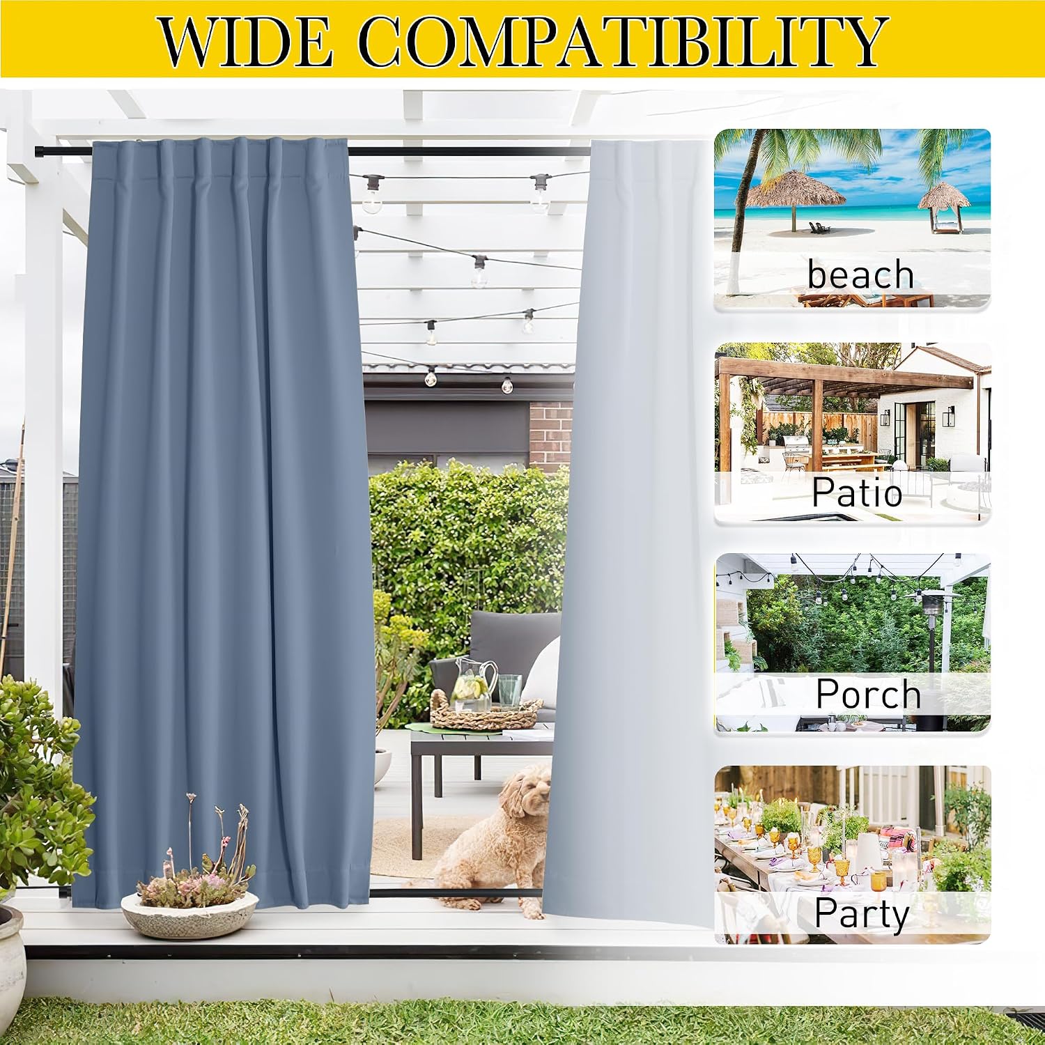 NICETOWN 2 Panels Outdoor Curtains Waterproof Pocket & Back Tab on Top & Bottom, Thermal Insulated Fixed Windproof Outdoor Drapes Privacy for Patio with Rope for Fixed, W52 x L84, Stone Blue