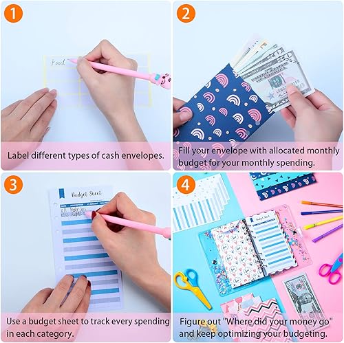 Miniatura 4 de 24 sobres de presupuesto y hojas de presupuesto de gastos A6, bolsillos para carpeta, 6 agujeros, elegantes y reutilizables para sistema de sobres