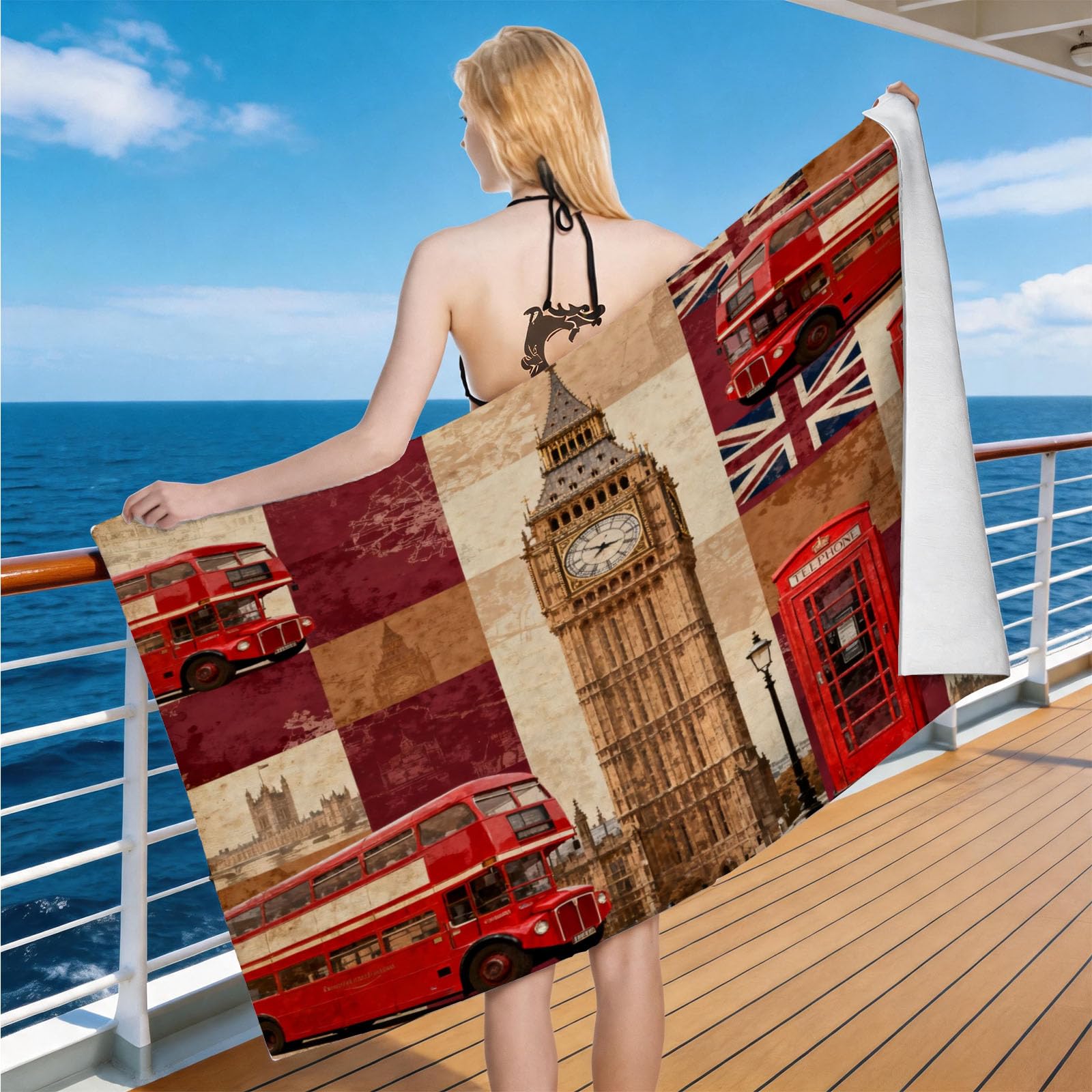 Hongduo Microfiber Quick Dry Beach Towel British Landmark, 3D Telephone Box Beach Towels Absorbent Fast Drying Bath Towels, Travel Camping Gym Swimming Bathroom (80x160cm)