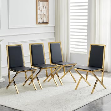 Dining Chairs Set of 4, Modern Upholstered Dining Chairs with High Back and X-Shaped Metal Frame, Faux Leather Kitchen & Dining Room Chairs, Black & Gold