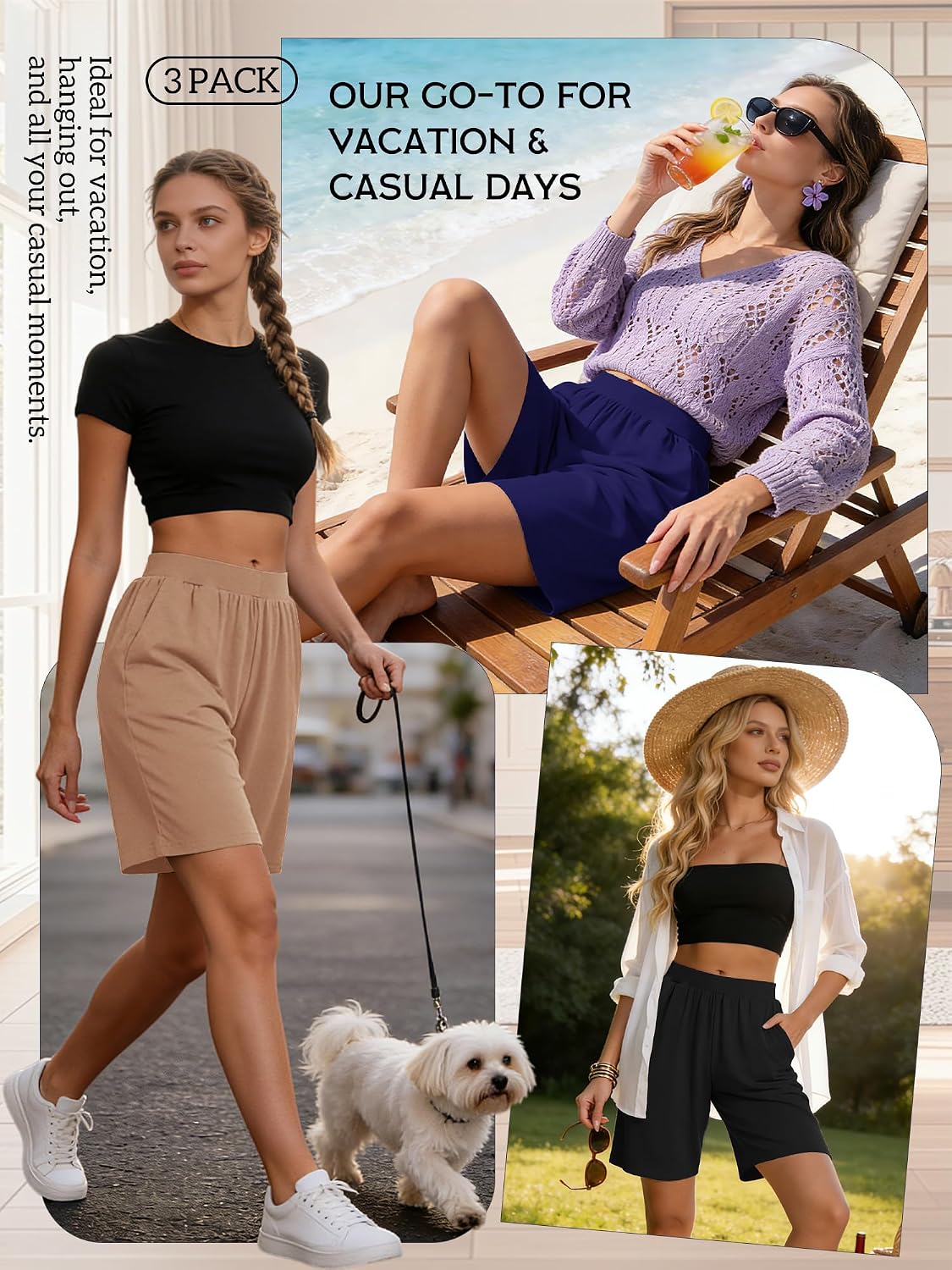 3 Pack Women's Bermuda Shorts High Waist Stretch Knee Length Bottoms Summer Athletic Casual Short with Pockets