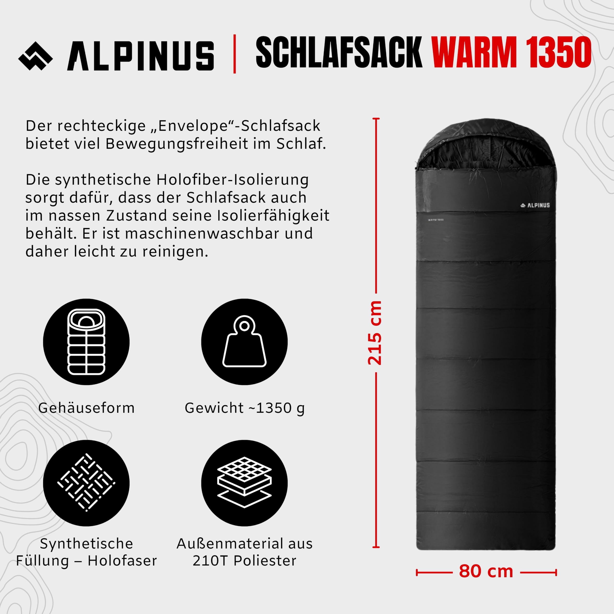 Alpinus - Śpiwór Turystyczny Warm 1350, Śpiwór Kopertowy 215 cm x 80 cm, Pokrowiec z Możliwością Kompresji, Dwukierunkowe Zamki- czarny AC11317 Lewy