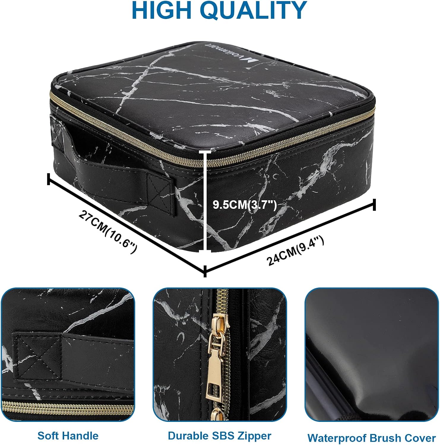 Makeup Cosmetic bag,Black Marble Cosmetic Case Organizers,Travel Makeup Train Case, Waterproof and Adjustable Dividers for Cosmetics,Makeup Brushes(9.8x8.86x3.7 inches)
