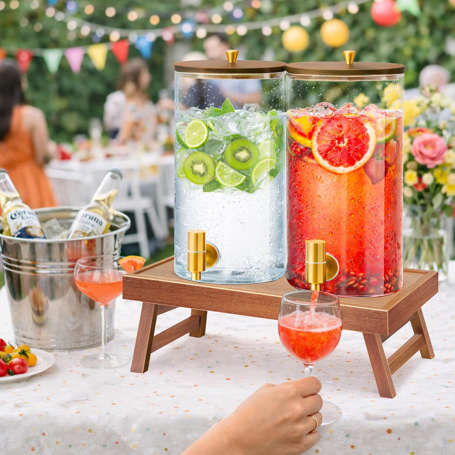 2PCS Glass Drink Dispenser with Foldable Stand, 1.5 Gallons Drink Beverage Dispensers, Large Glass Cold with Spout, Drink Dispenser for Parties, Bars and Home