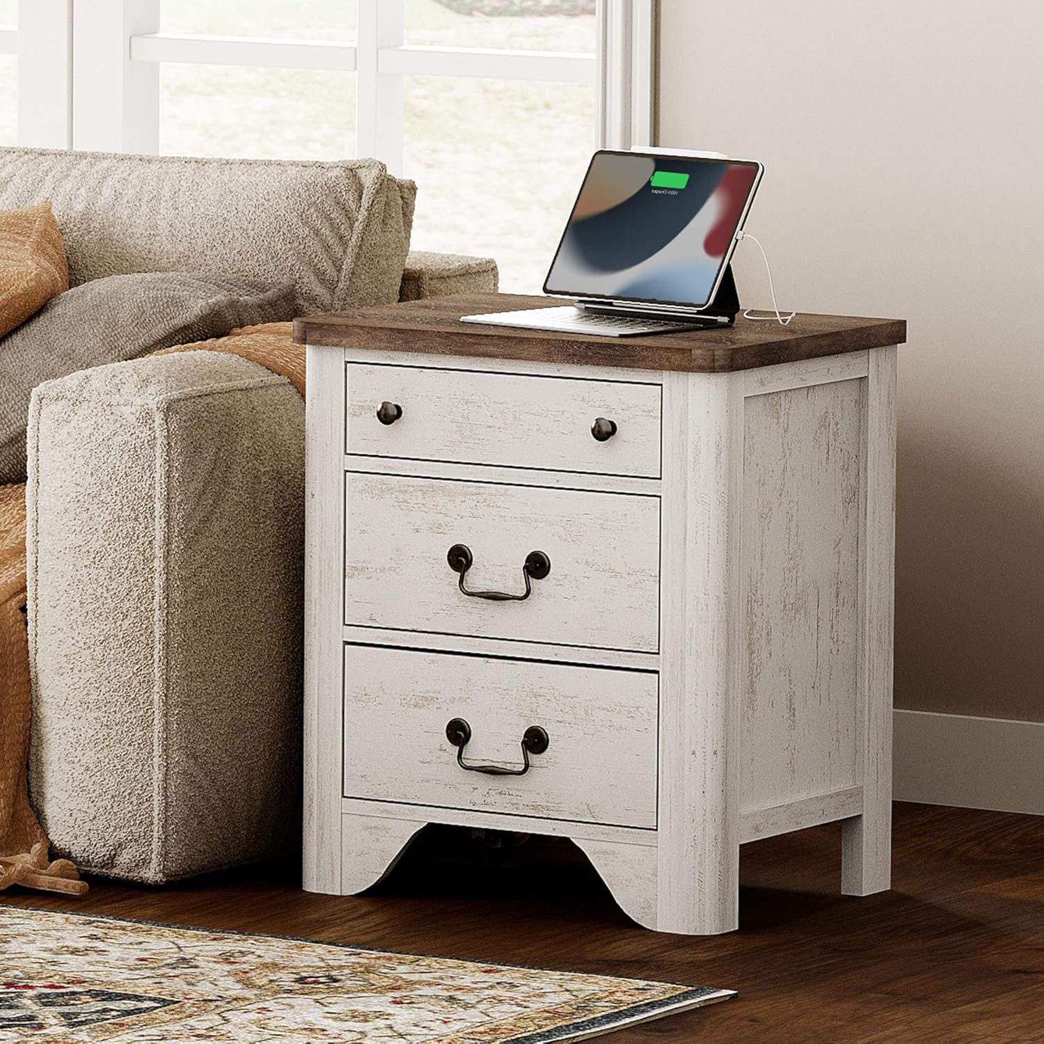 WAMPAT Farmhouse End Table with Charging Station, 20.5" W Wooden Side Table with 3 Drawers, Nightstands Bedside Table End Table for Bedroom, Living Room, Sofa, Couch, Office (White, 1 PC)