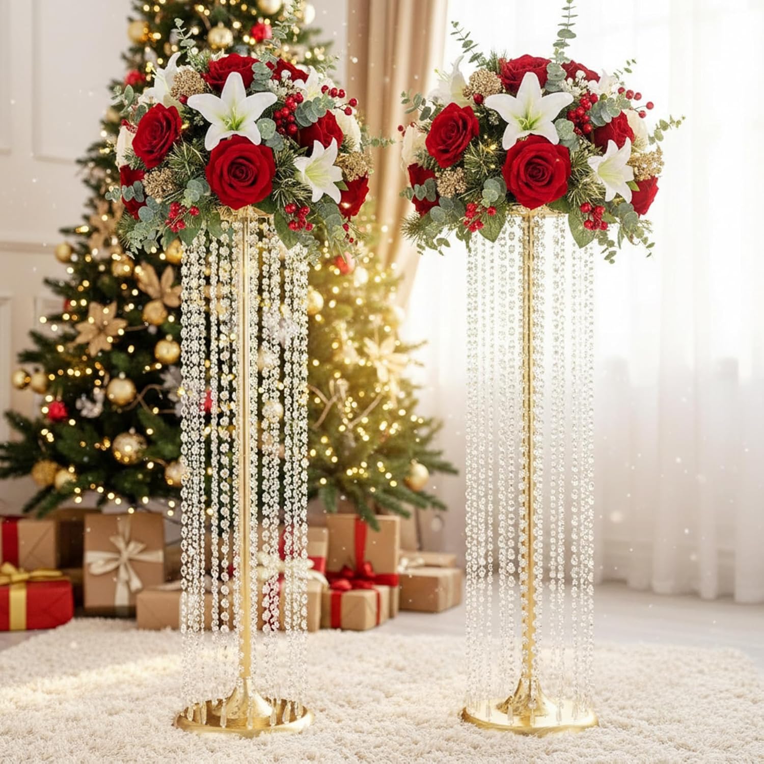 35.4in Tall Metal Wedding Vases for Centerpieces: Set of 2 Flower Stands with Acrylic Crystals, Elegant Table Centerpiece Chandelier Stands for Birthday Party Dinner Event Christmas Wedding Home Décor