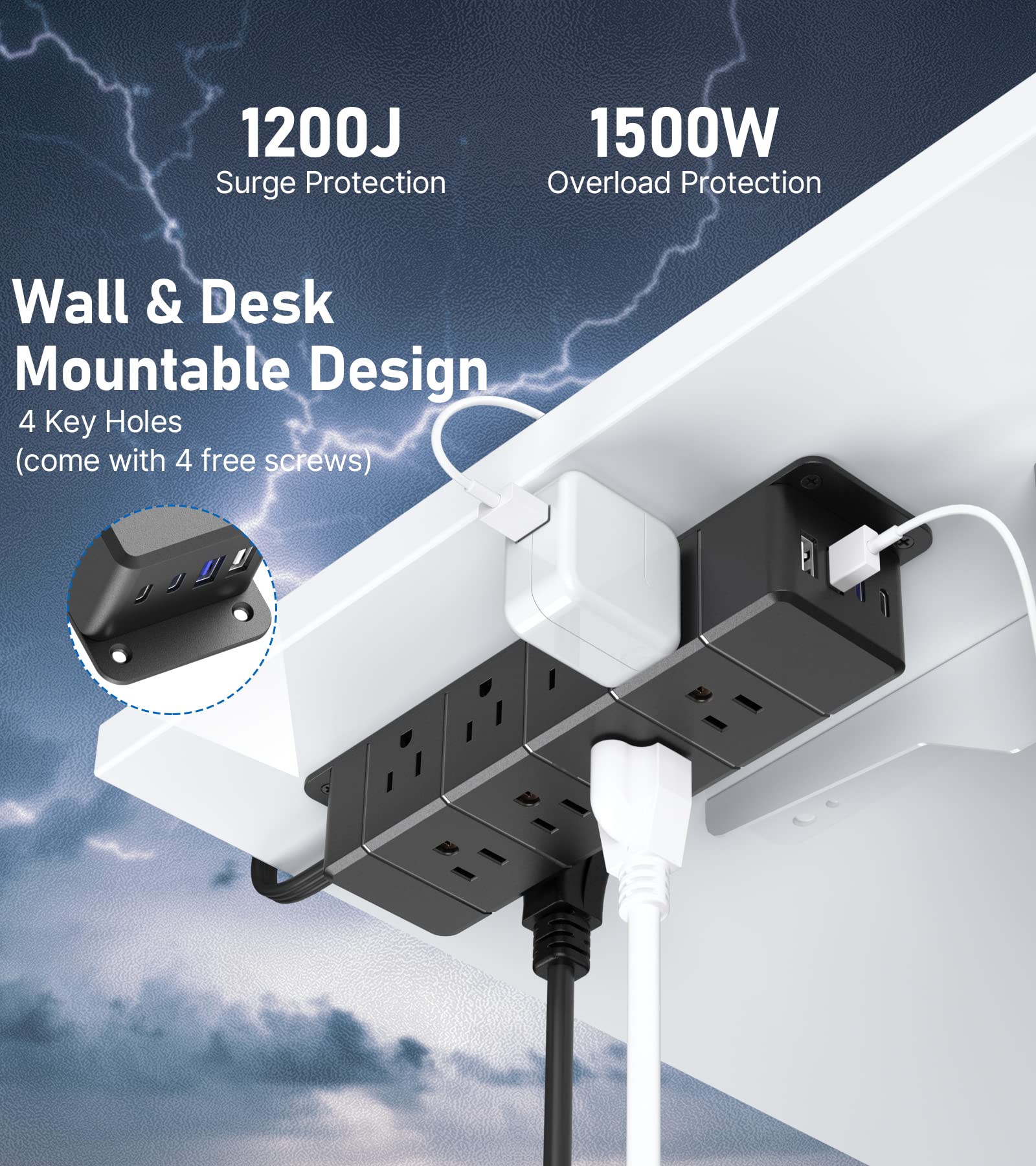 30 W Untertisch-Steckdosenleiste mit Schalter, 12 Steckdosen, 4 USB, 1200 J