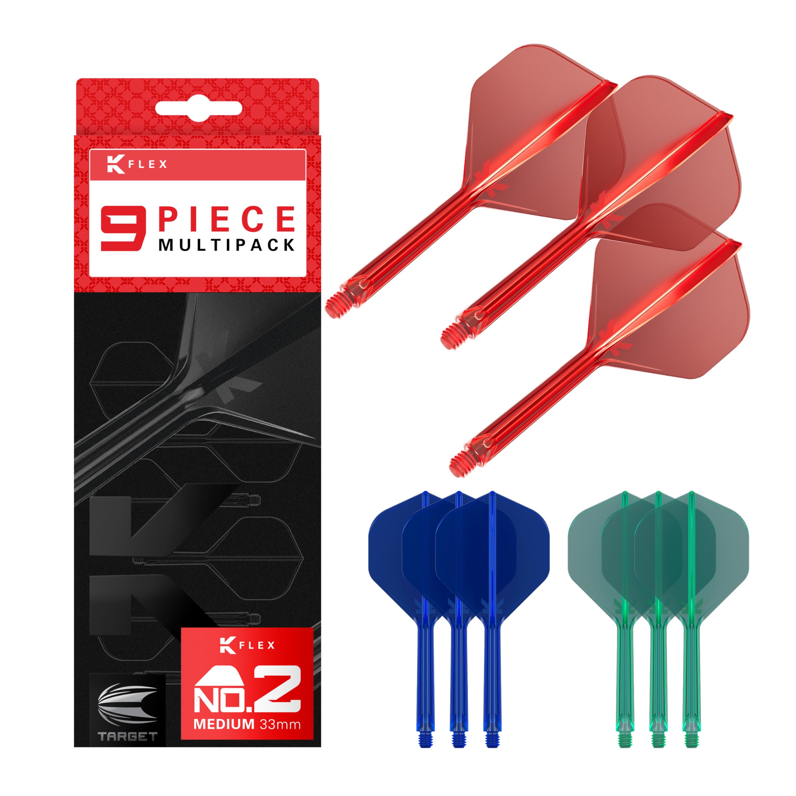 Target Darts K-Flex Integrated Dart Flights and Shafts, Medium Stem (33mm), No.2 Flight, 9-pack Bundle, Red, Blue & Green