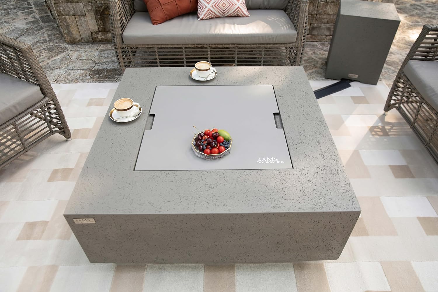 AMS Creations | Brooklyn 40" Bundle Square Natural Gas Outdoor Fire Pit Table | Light Gray Concrete GFRC | Limestone Texture Surface Fire Pit Table
