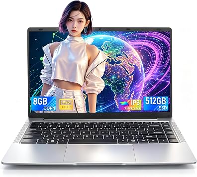 14" Ultra-Thin Laptop for Students & Business, CeleronJ4125, 8GB DDR4, 128GB-512GB SSD, FHD IPS Display, Backlit Keyboard, DC Power Port, Dual-Band Wi-Fi, Mouse Included - Silver 8GB RAM+512GB SSD