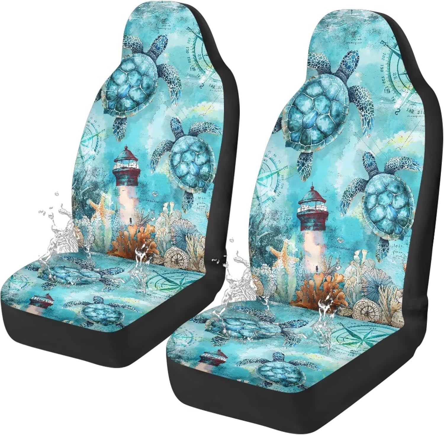 Blue Turtle Car Seat Covers Front Seats Anti-Slip Back Fabric Waterproof Car Seat Cover Easy to Install Stretch Polyester Fabric Cover Universal Fit for Most Vehicle