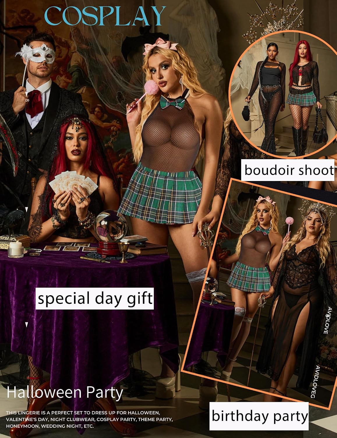 Avidlove Schoolgirl Lingerie for Women Sexy Costume Outfit Roleplay Cosplay Lingerie Set Snap Crotch Bodysuit and Mini Skirt