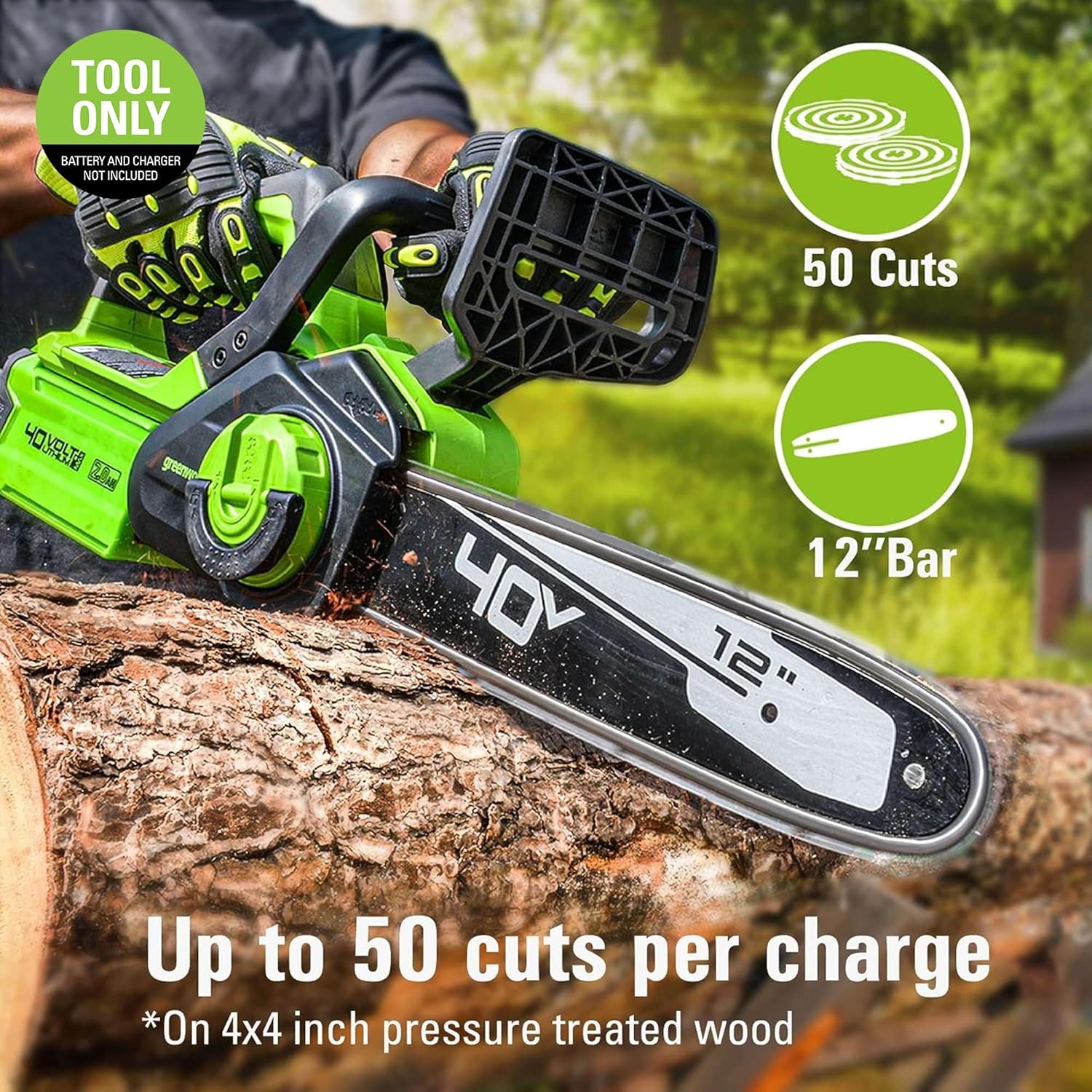 greenworks 40v 12" cordless compact chainsaw (great for storm clean-up, pruning, and camping), tool only 12" (tool only) gen 2 chainsaw