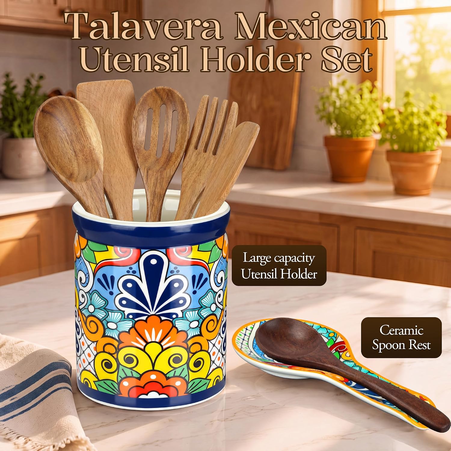 Talavera Utensil Holder & Spoon Rest, Extra Large & Thickened