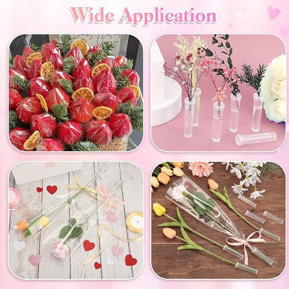 Tetutor 50 Pcs Single Rose Sleeve with 50 Pcs Floral Water Tubes for Bouquets, Single Flower Sleeve Flower Wrapping Bags Flower Water Tubes