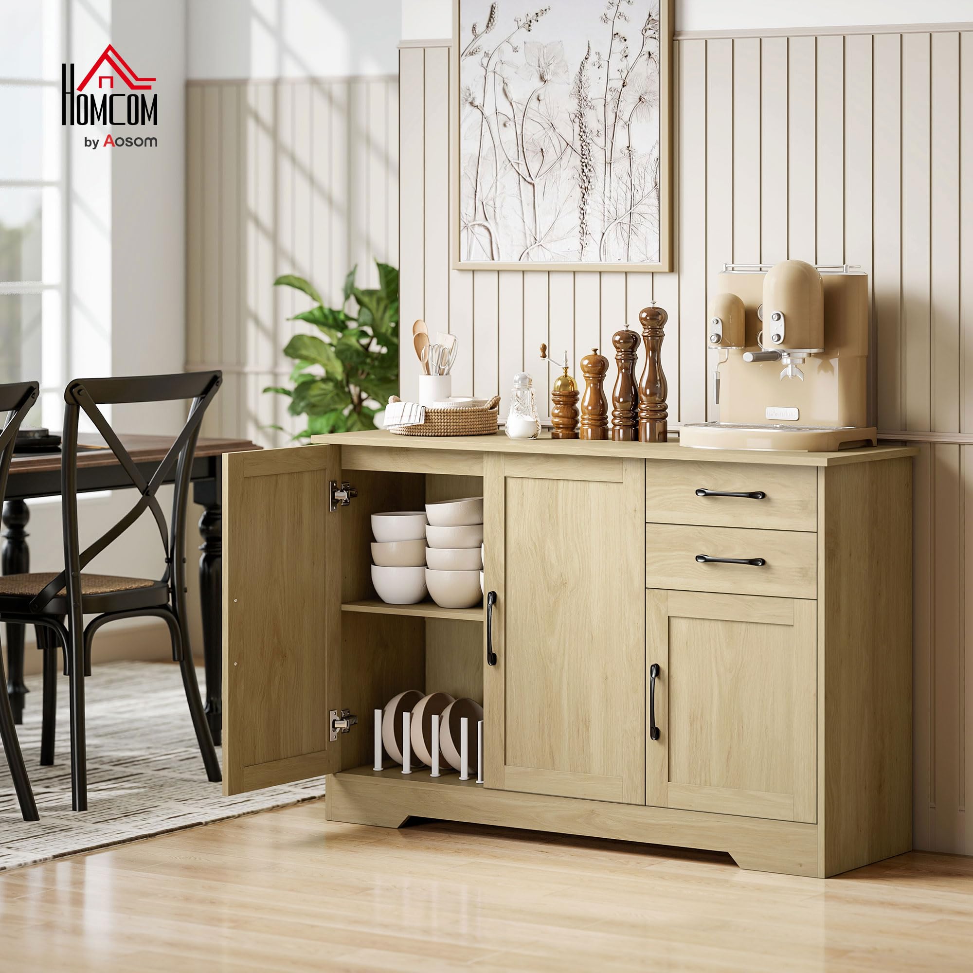 HOMCOM Aparador 3 Puertas, Aparador para Salón Rústico Moderno, con 2 Cajones, Estante Ajustable, Bisagra Cierre Suave, para Comedor, Entrada, Dormitorio, Natural, 120x38x79 cm
