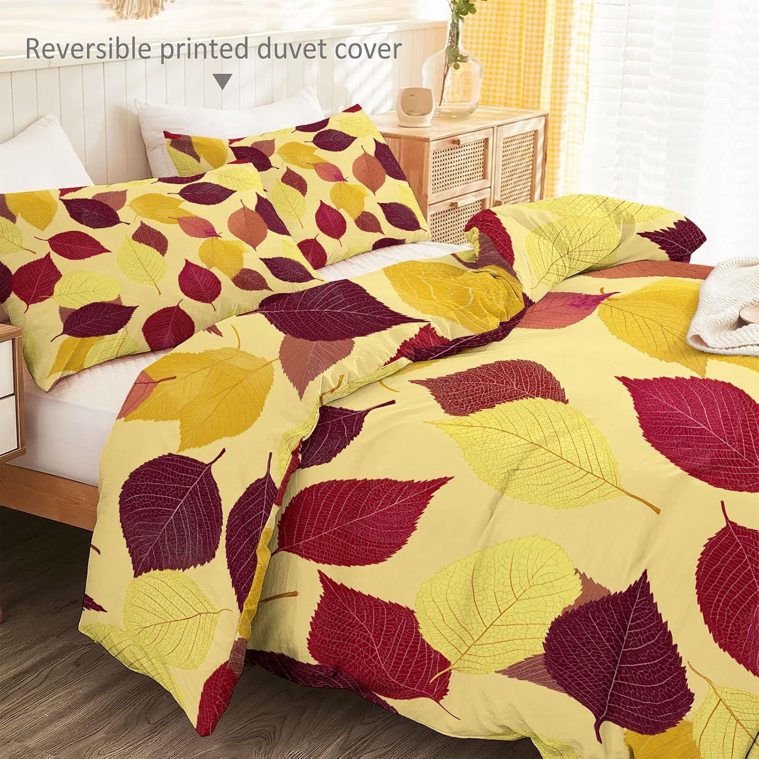 Duvet Cover Sets Retro Plants Lines Leaves Reversible Bedding Printed Comforter Sets, Queen Size 90"x90" Bedding for Kids Boys Girls Adult, Quilt Cover with Zipper Closure 4 Ties, Yellow Brown